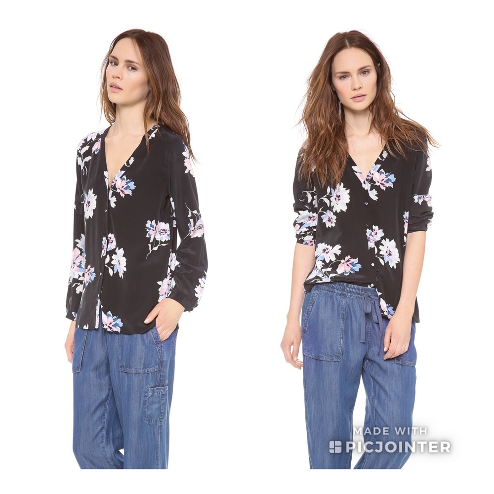 Joie Michi Black Floral Silk Top S Button Down Blouse Revolve